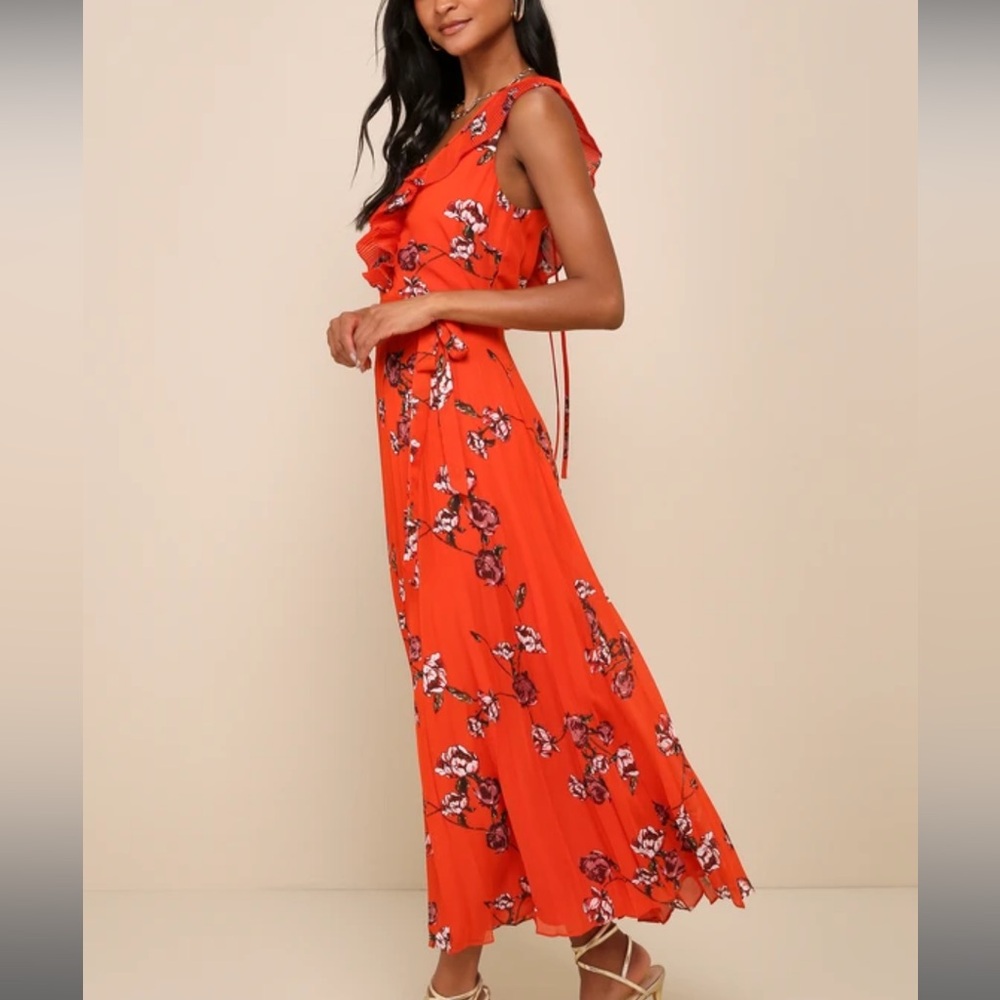 Lulu’s Loved By You Red Orange Floral Print Pleated Chiffon Maxi Dress